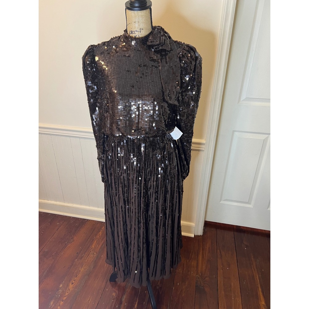 Mac Duggal 93642 Sequin Bow Shoulder Long Sleeve Midi cocktail Dress brown - Picture 10 of 16